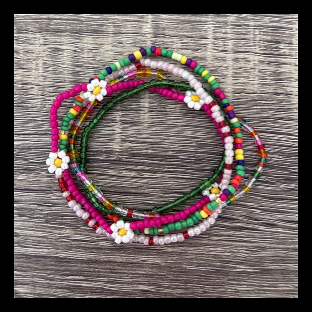 Stackable beaded bracelet set rainbow flower power girlhoodcore sunflower Barbie